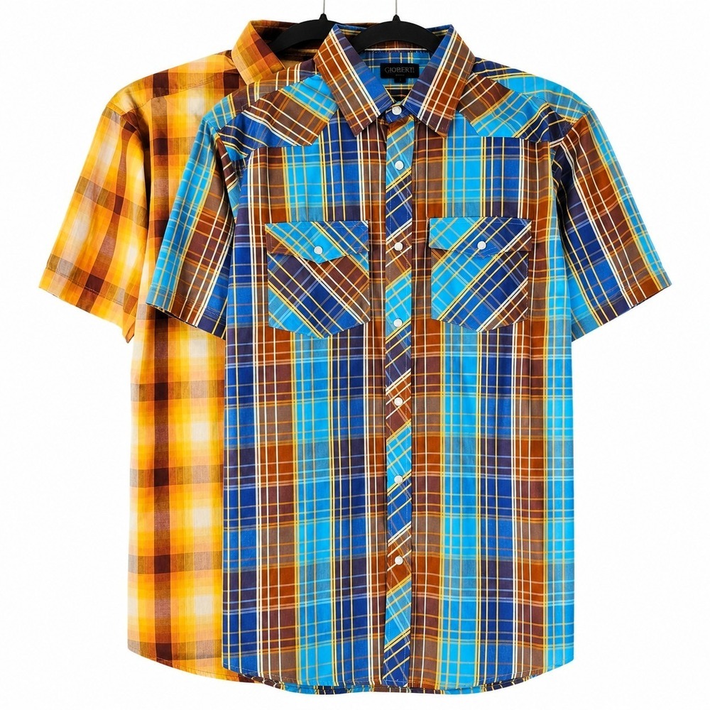 2‎ Gioberti Mens Shirt L Plaid Pearl Snap Western Cowboy Casual Button Up Top